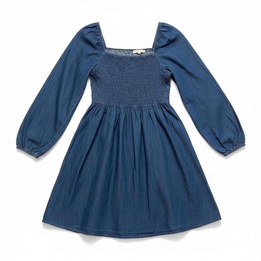 Wrangler Retro Blue Chambray Denim Smocked Puff Sleeve Western Mini Dress L NWT